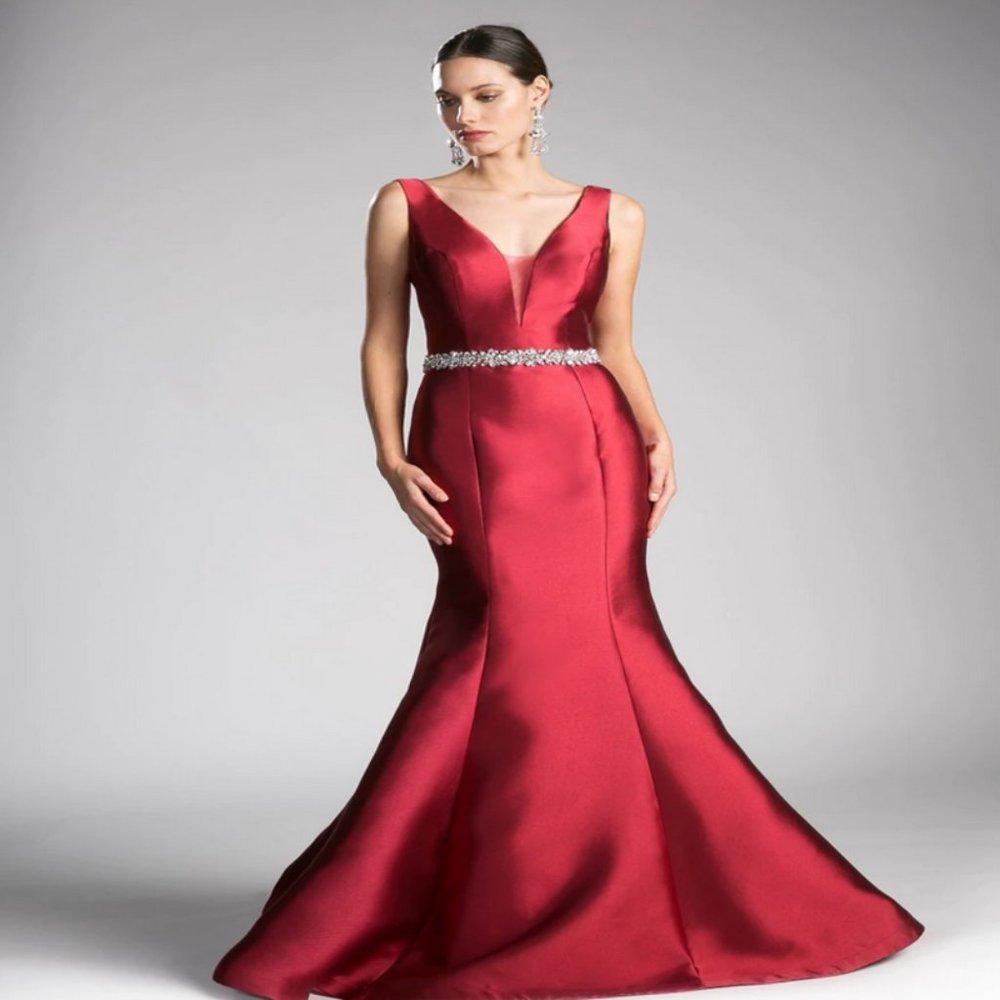 BEADED BELT MIKADO MERMAID GOWN BY CINDERELLA DIVINE CR807 - BURGUNDY